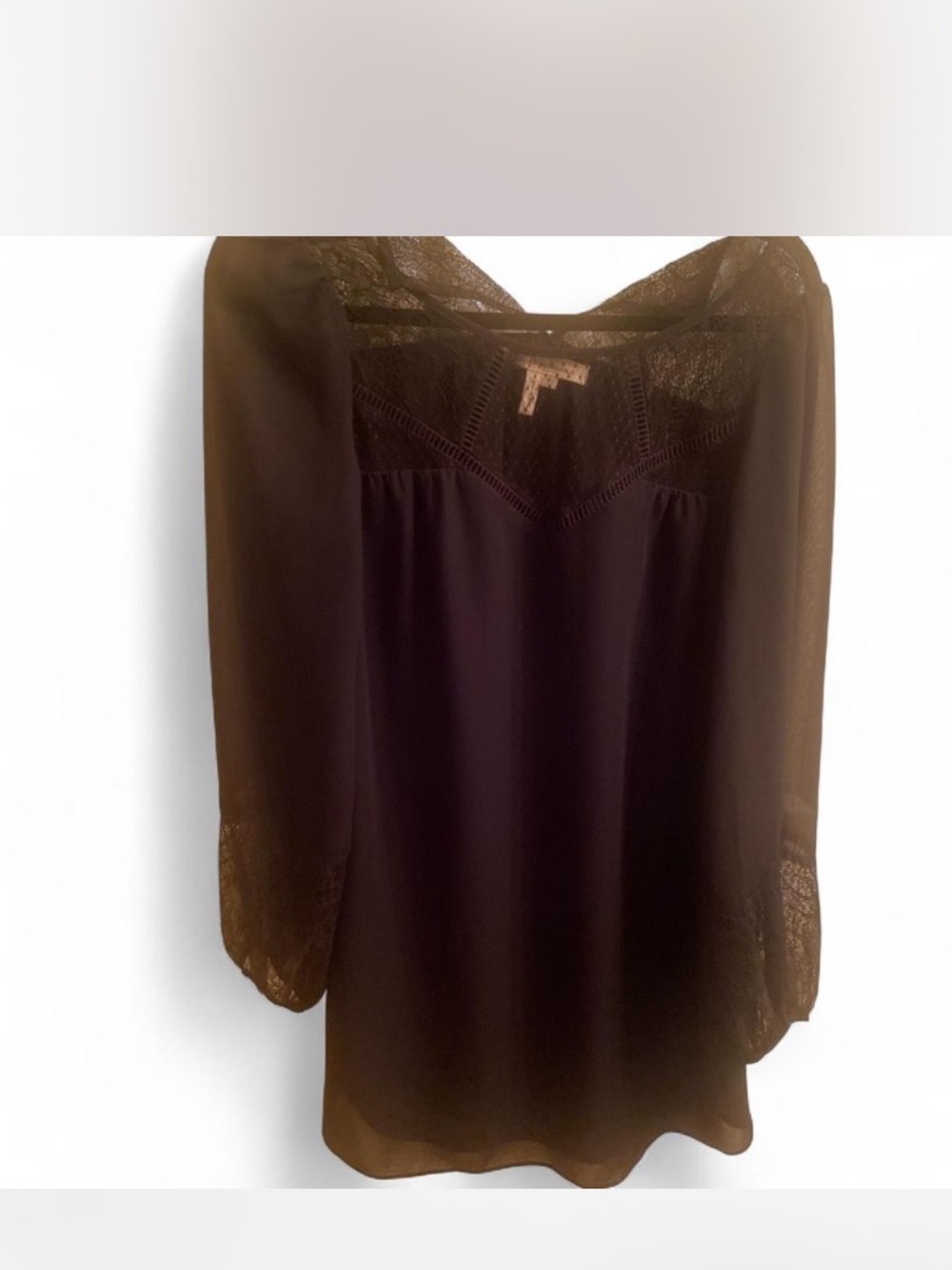 BCBG Black lace Blouse with sheer details.